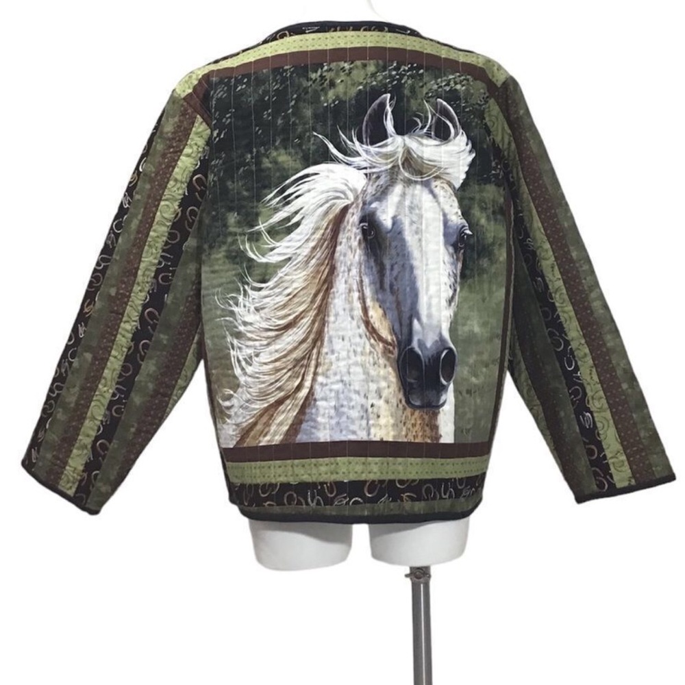 Vintage Quilted Utility Jacket With Wild Horses Green And Brown Stripes